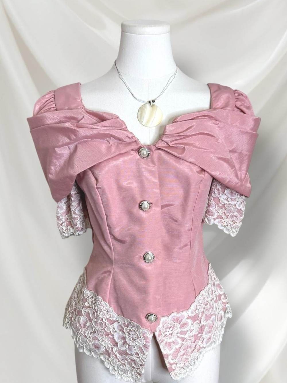 Vintage-Inspired Pink Lace Off-Shoulder Top